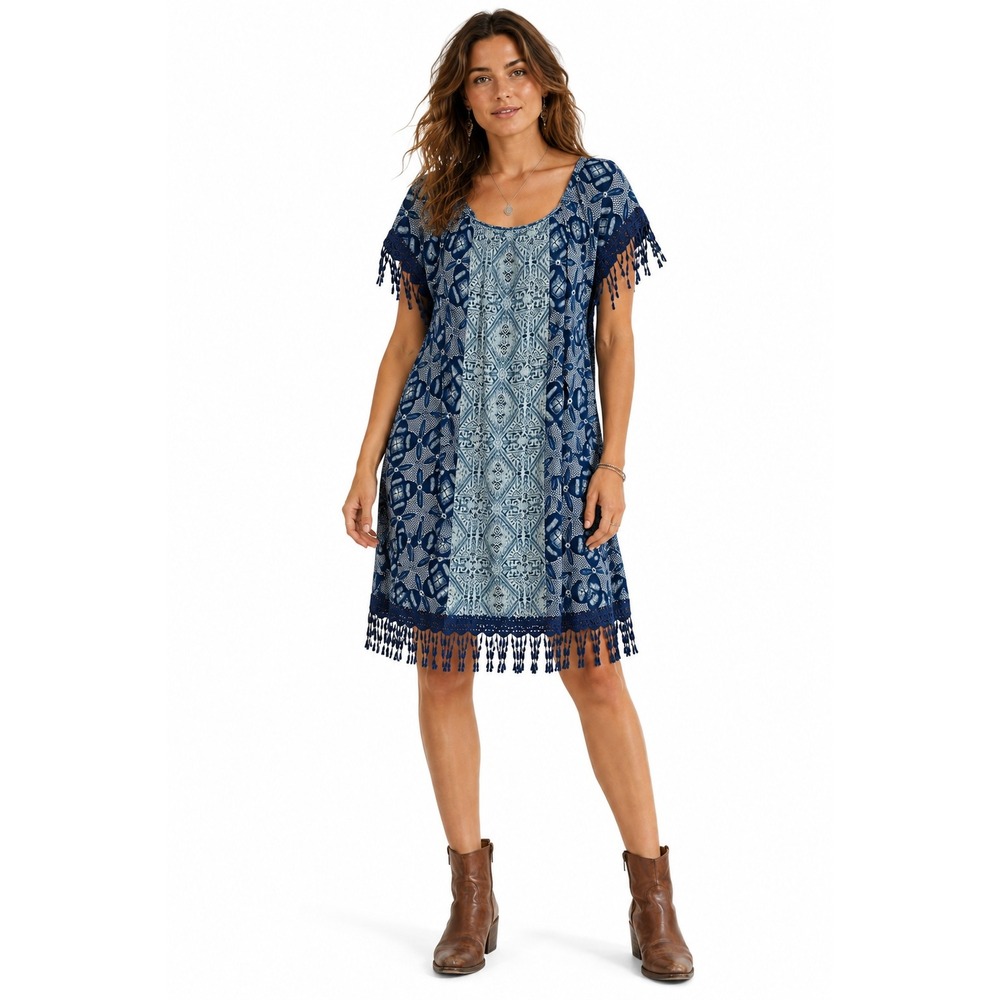 Boho Fringe Shift Dress M Indigo Blue‎ Tassel Crochet Festival Hippie Indie